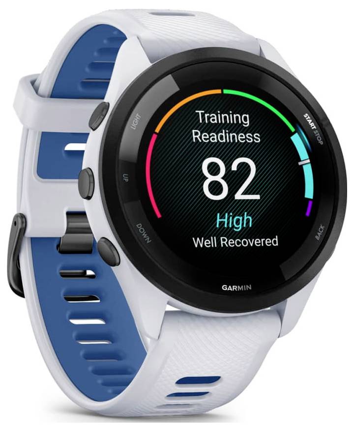 Garmin-Smartwatch mit weißem und blauem Band, auf dem 