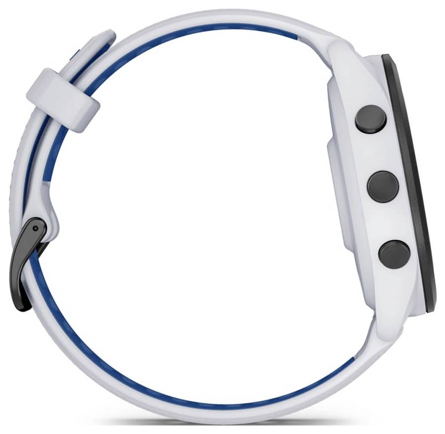 Rückansicht einer Garmin Forerunner 265 Smartwatch mit schwarzem Sportarmband, die den Pulssensor und die Ladekontakte zeigt.