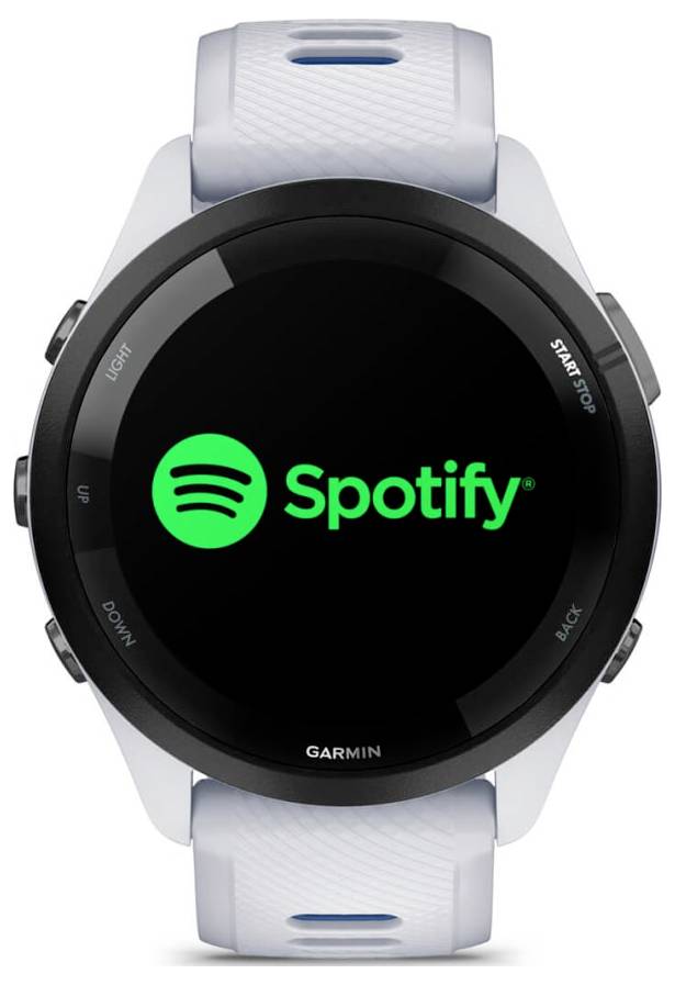 Garmin-Smartwatch zeigt das Spotify-App-Logo auf einem schwarzen Bildschirm an, mit physischen Seitentasten und einem hellfarbigen Armband