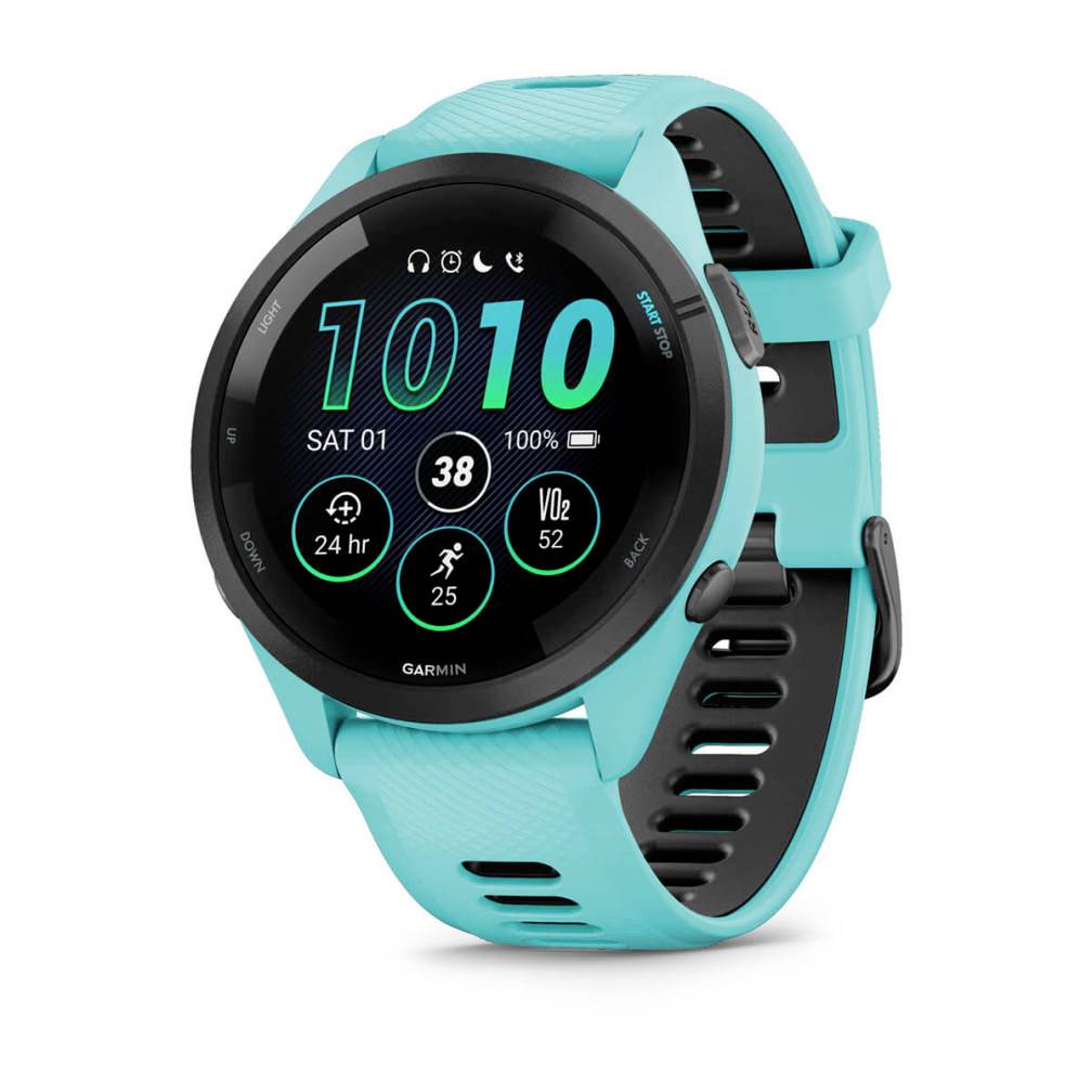 Türkisfarbene Garmin-Smartwatch mit schwarzem rundem Zifferblatt, das 10:10 Uhr anzeigt, das Datum „SA 01