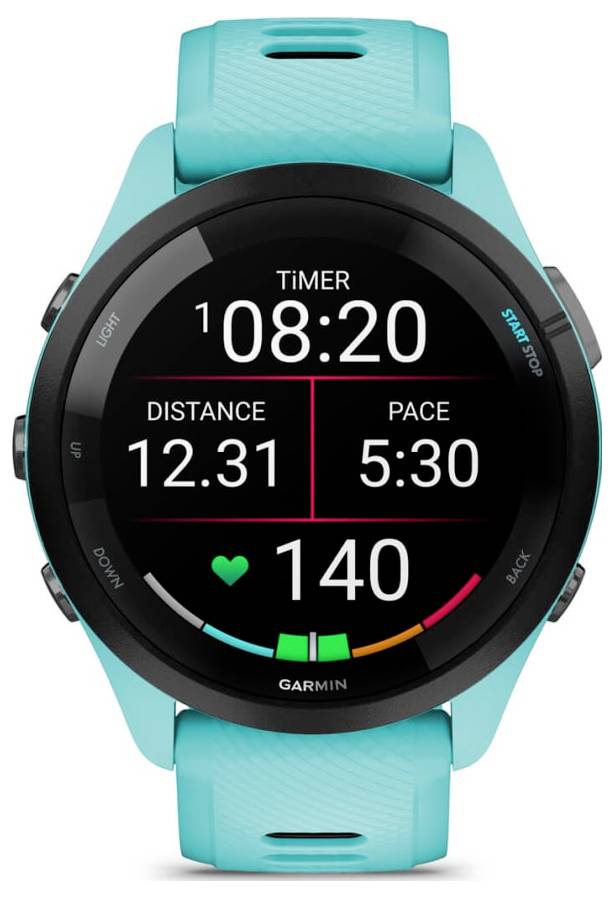 Garmin-Sportuhren mit türkisfarbenem Armband, das Trainingsstatistiken anzeigt: Timer 08:20, Distanz 12,31, Tempo 5:30, Herzfrequenz 140.