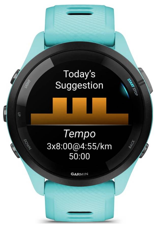 Garmin Sportsuhr zeigt "Vorschlag für heute" Tempotraining: 3x8:00 bei 4:55/km, Gesamtdauer 50:00.