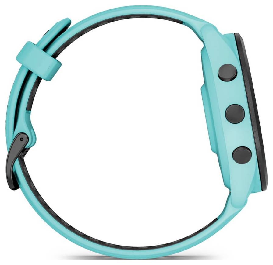 Türkisfarbenes Fitness-Tracker-Armband mit schwarzer Schnalle und drei seitlichen Tasten, isoliert auf weißem Hintergrund dargestellt.