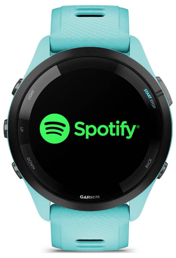Vorderansicht einer türkisfarbenen Garmin Smartwatch mit dem Spotify-Logo und Namen auf einem schwarzen Bildschirm.