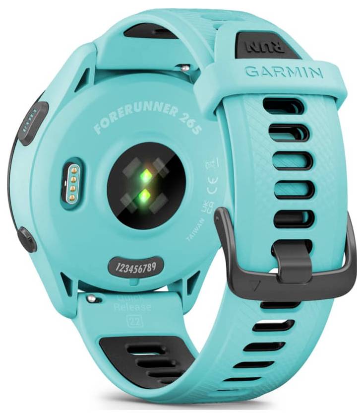 Schwarze Garmin-Smartwatch zeigt 10:10 mit Fitness- und Gesundheitsmetriken an, Akku zu 100% geladen und Aktivitätsringe auf dem Display.