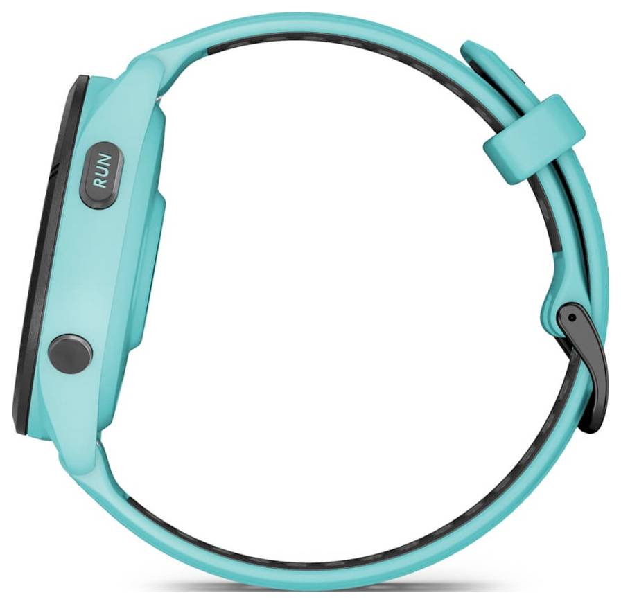 Türkisfarbenes Fitness-Tracker-Armband mit schwarzem Display, zeigt eine RUN-Taste und eine seitliche Kontrollarretierung.