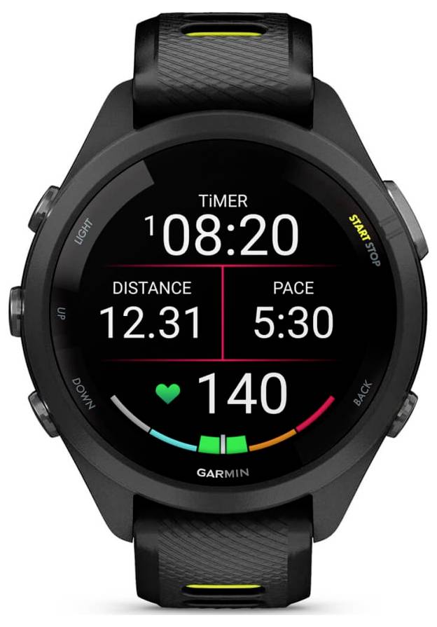 Garmin Smartwatch zeigt Trainingsstatistiken an: Timer 08:20, Entfernung 12,31, Tempo 5:30, Herzfrequenz 140.