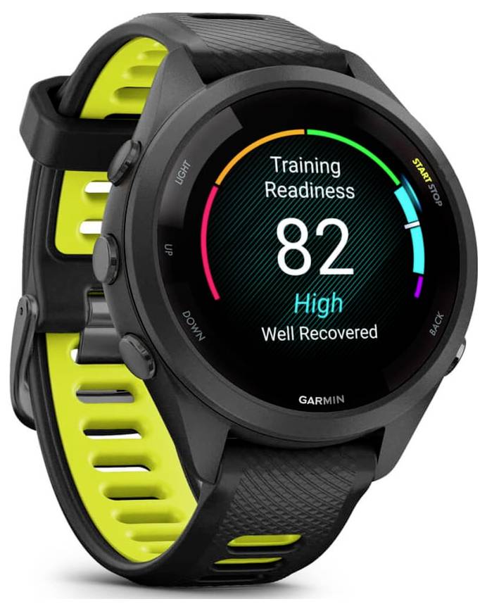 Schwarze Garmin Sports-Smartwatch mit neonorangegelbem Armband, auf dem Display „Training Readiness 82