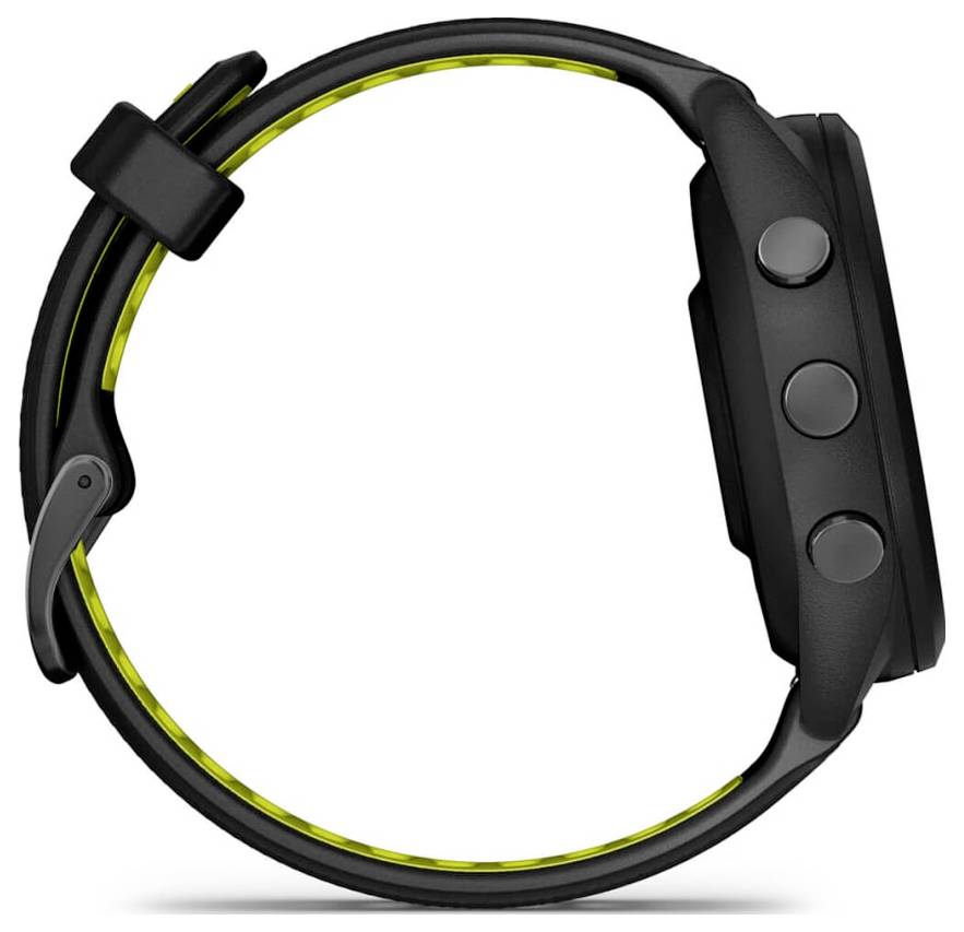 Schwarze Sport-Smartwatch mit rundem Armband und drei seitlichen Tasten, auf weißem Hintergrund gezeigt.