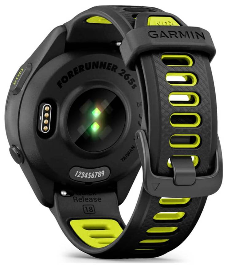 Schwarze Garmin Forerunner 265s Smartwatch von hinten gezeigt, mit Herzfrequenzsensoren und schwarzem Armband mit Neongelb.
