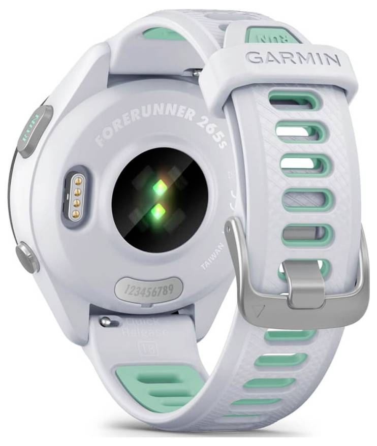 Rückansicht einer Garmin Forerunner 265S GPS-Laufuhr in Weiß und Petrolblau, die das Sensormodul und das verstellbare Armband zeigt.