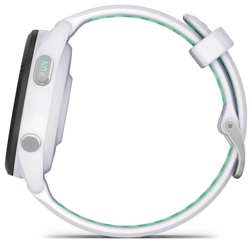 Weiße Smartwatch mit schwarzem rechteckigem Display, grünen inneren Akzenten und einer seitlichen „RUN