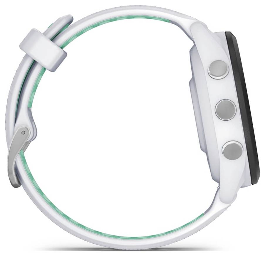 Weiße Smartwatch mit rundem Zifferblatt und grauen Seitentasten, in Profilansicht auf weißem Hintergrund dargestellt.