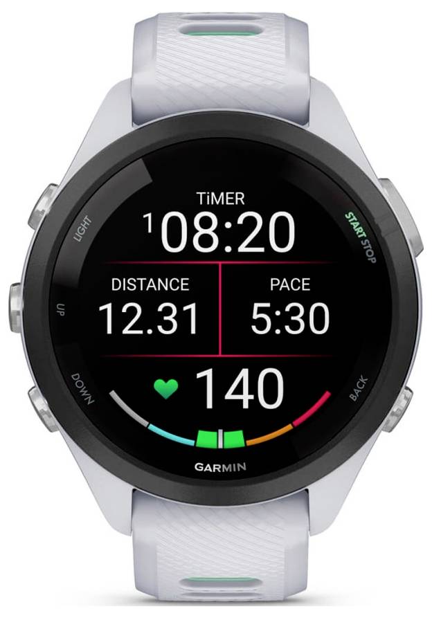 Garmin-Smartwatch-Display zeigt Trainingsstatistiken: Timer 08:20, Entfernung 12,31, Tempo 5:30, Herzfrequenz 140 und farbiger Aktivitätsmesser.