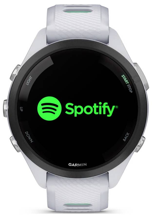 Garmin-Smartwatch zeigt das Spotify-App-Logo und den Namen auf einem schwarzen Bildschirm an