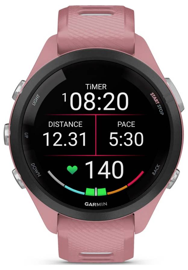 Rosa Garmin-Smartwatch mit einem Trainings-Timer auf 08:20, Entfernung 12,31, Tempo 5:30 und Herzfrequenz 140 auf einem schwarzen digitalen Display.