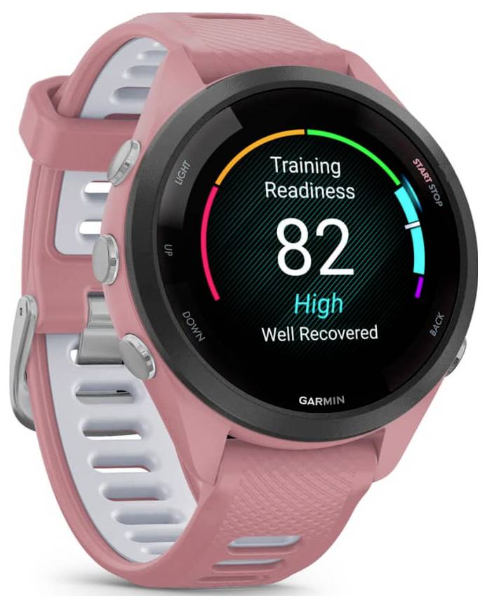 Garmin-Sportuhr-Display mit Timer 08:20, Distanz 12,31, Tempo 5:30, Herzfrequenz 140 und farbigen Aktivitätszonen.