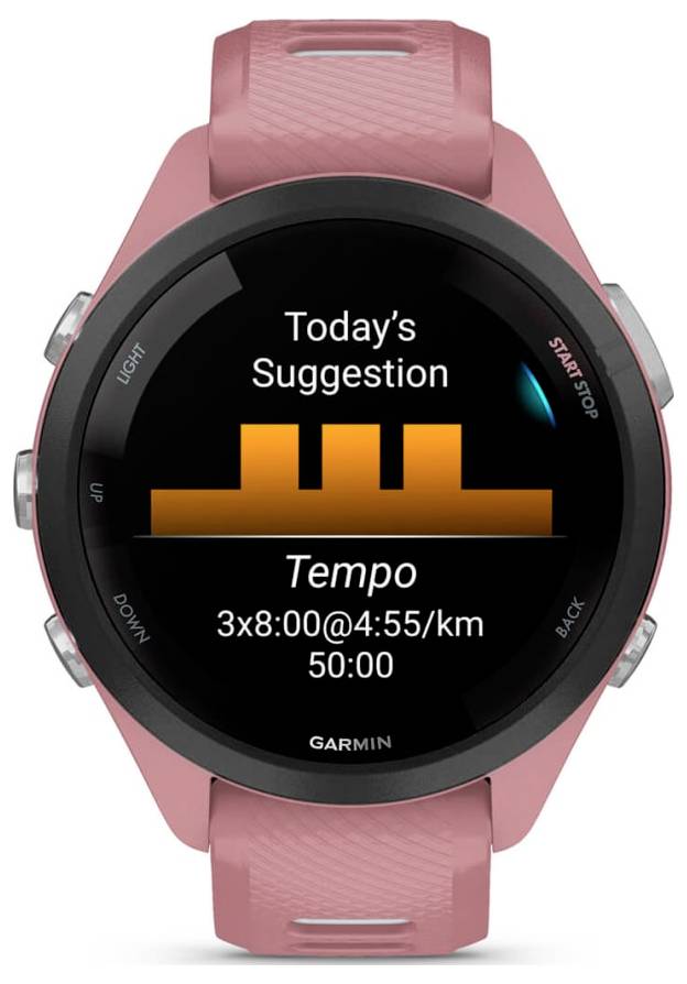 Rosa Garmin-Smartwatch, das eine Trainingsempfehlung anzeigt: „Heutige Suggestion