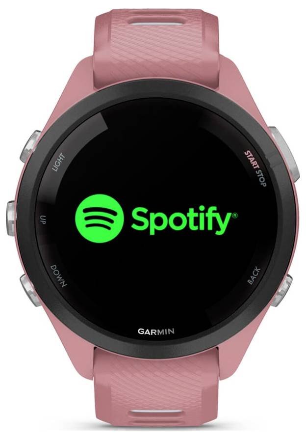 Rosa Garmin-Smartwatch zeigt das Spotify-Logo auf einem schwarzen Bildschirm an.