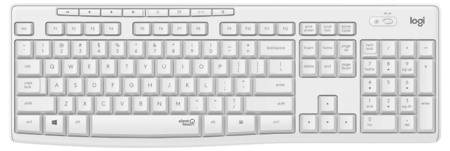 Weiße Logitech-Vollsize-Wireless-Tastatur mit numerischem Tastenfeld, Funktionstasten und Pfeiltasten auf hellem Hintergrund.