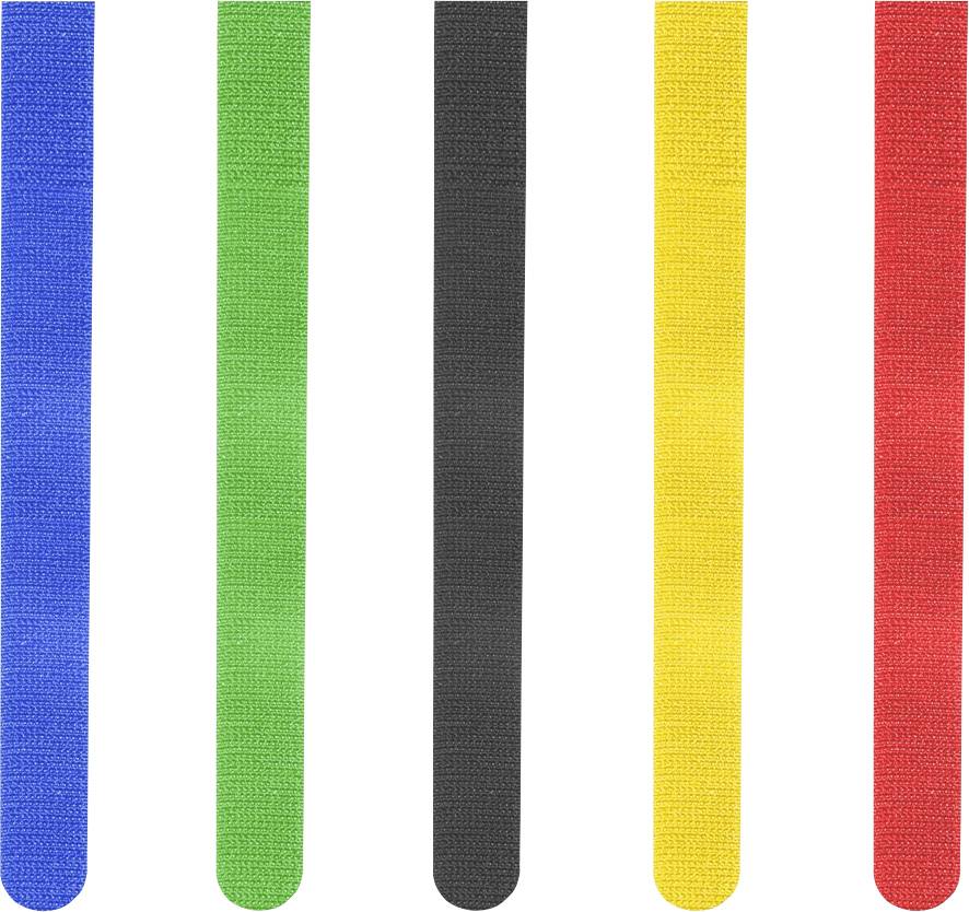 Fünf vertikale strukturierte Stoffstreifen in Blau, Grün, Schwarz, Gelb und Rot auf weißem Hintergrund.