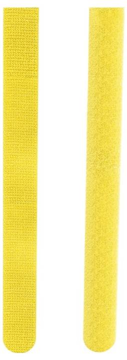 Zwei vertikale gelbe Klettverschluss-Streifen oder Klebebandstücke, eine Seite mit Haken und eine Seite mit Schlaufen, nebeneinander auf weißem Hintergrund gezeigt.