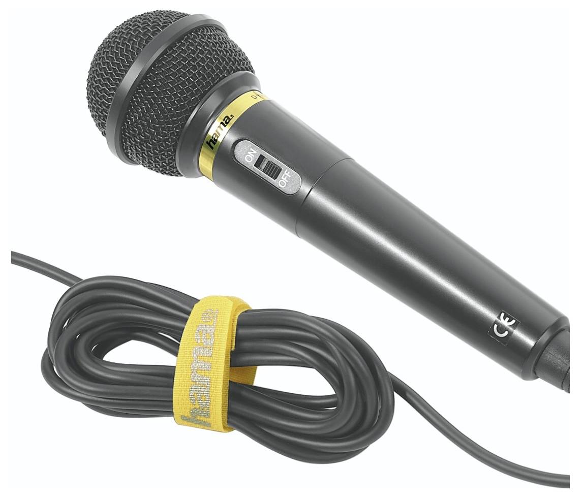 Schwarzes tragbares Handmikrofon mit Kabel und Ein-/Ausschalter, abgebildet mit Spiralkabel, das durch einen gelben Riemen gesichert ist.