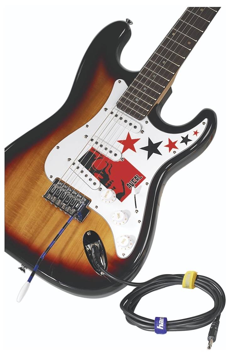 Sunburst-E-Gitarre mit roten und schwarzen Stern-Aufklebern auf weißem Hintergrund, dargestellt mit aufgerolltem Kabel und eingestecktem Jack.