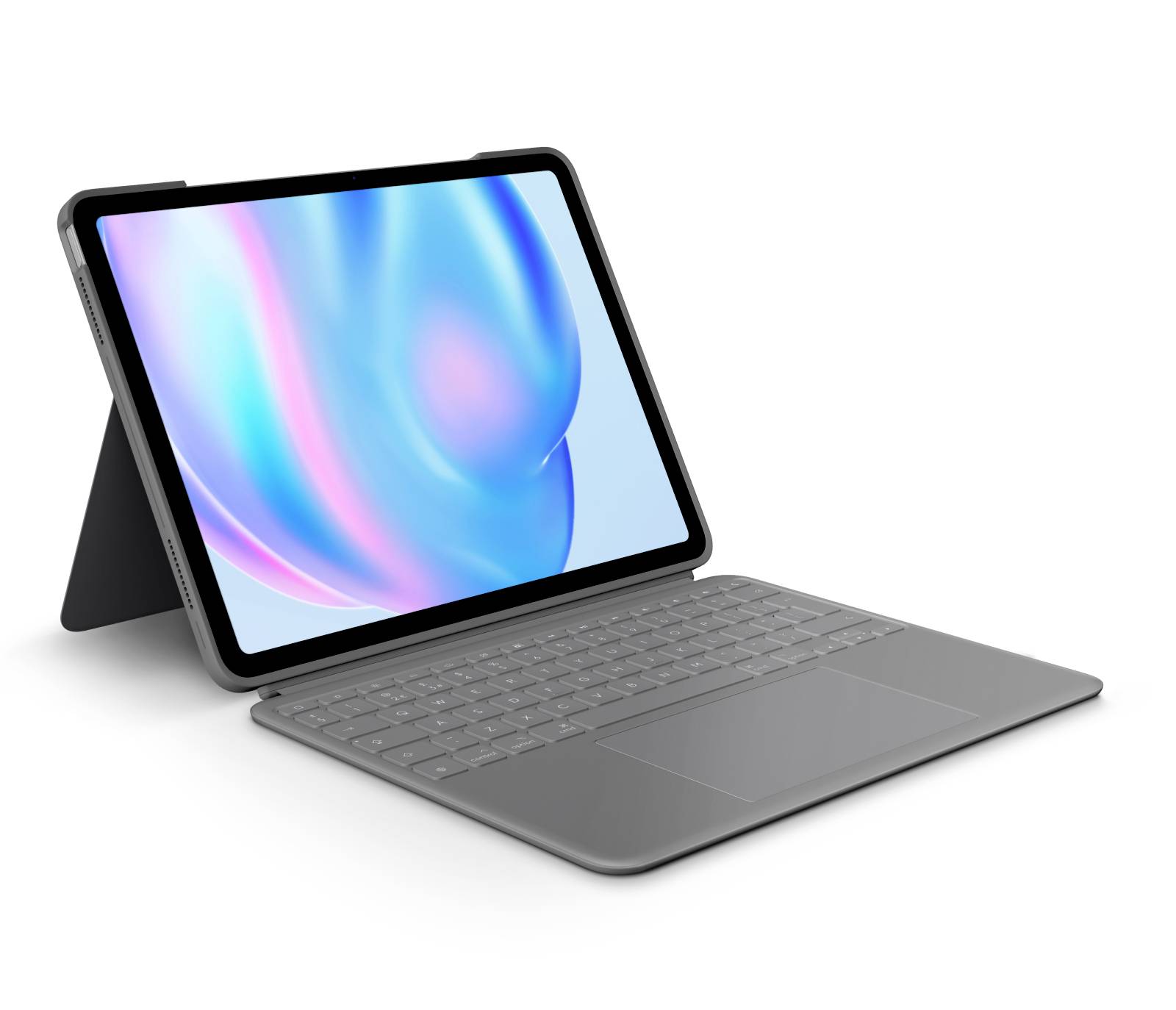 Draufsicht auf einen Schreibtisch mit Monitor, Tastatur, Maus, Telefon und Snacks; eine Hand benutzt die Maus, während an dem Computer gearbeitet wird.