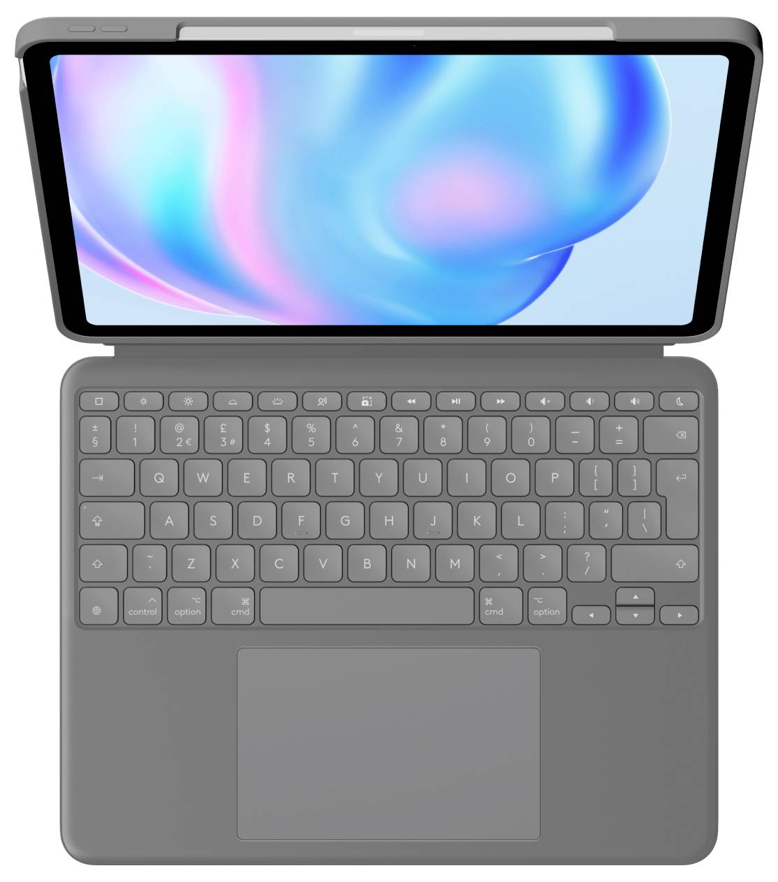 Ein grauer Laptop mit geöffnetem Bildschirm, der ein abstraktes blau-rosa Hintergrundbild anzeigt, von oben fotografiert mit sichtbarer Tastatur und Trackpad.