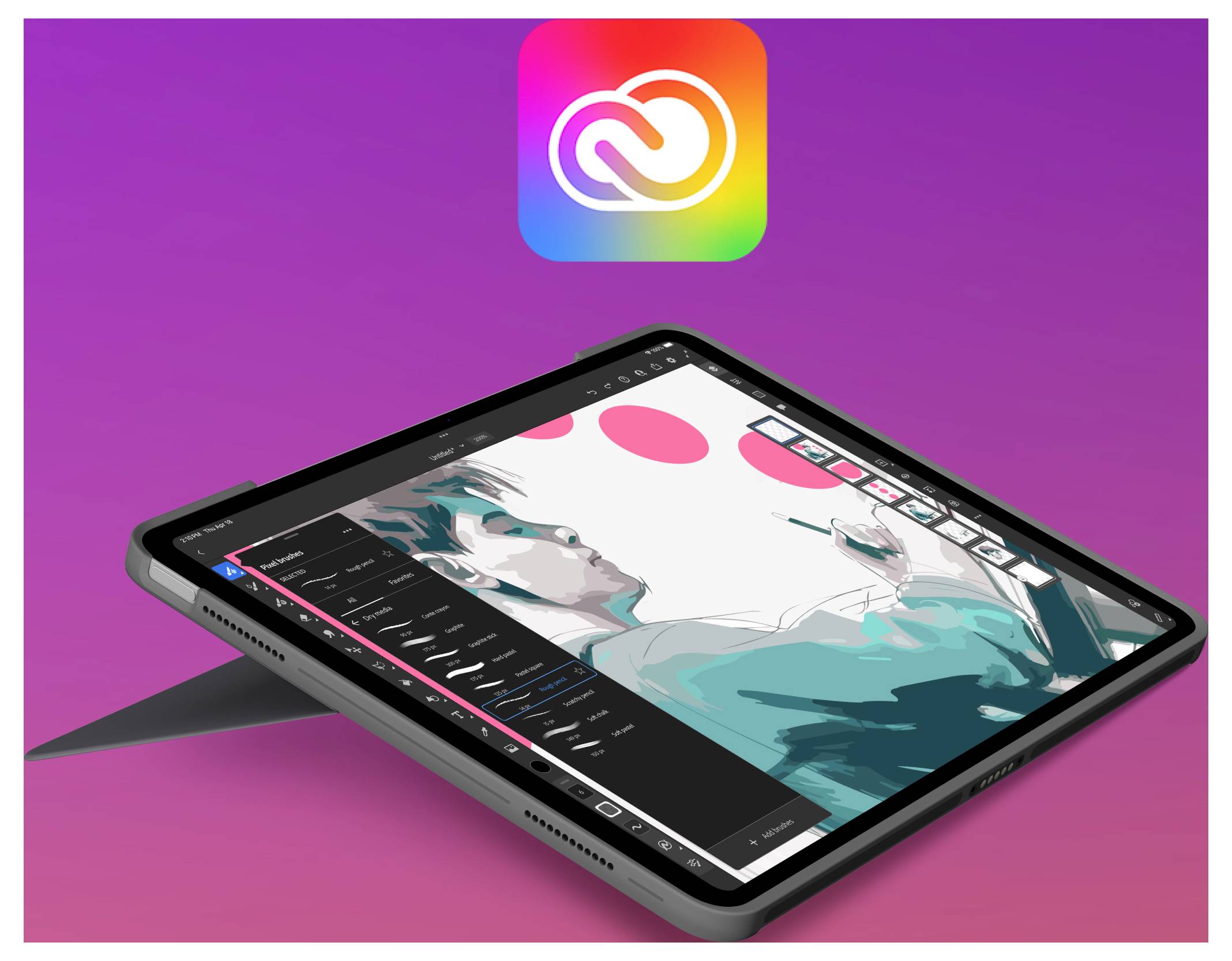 Adobe Creative Cloud Logo über einem geneigten Tablet, das eine App zur digitalen Illustration mit einer stilisierten Charakterzeichnung auf dem Bildschirm anzeigt.