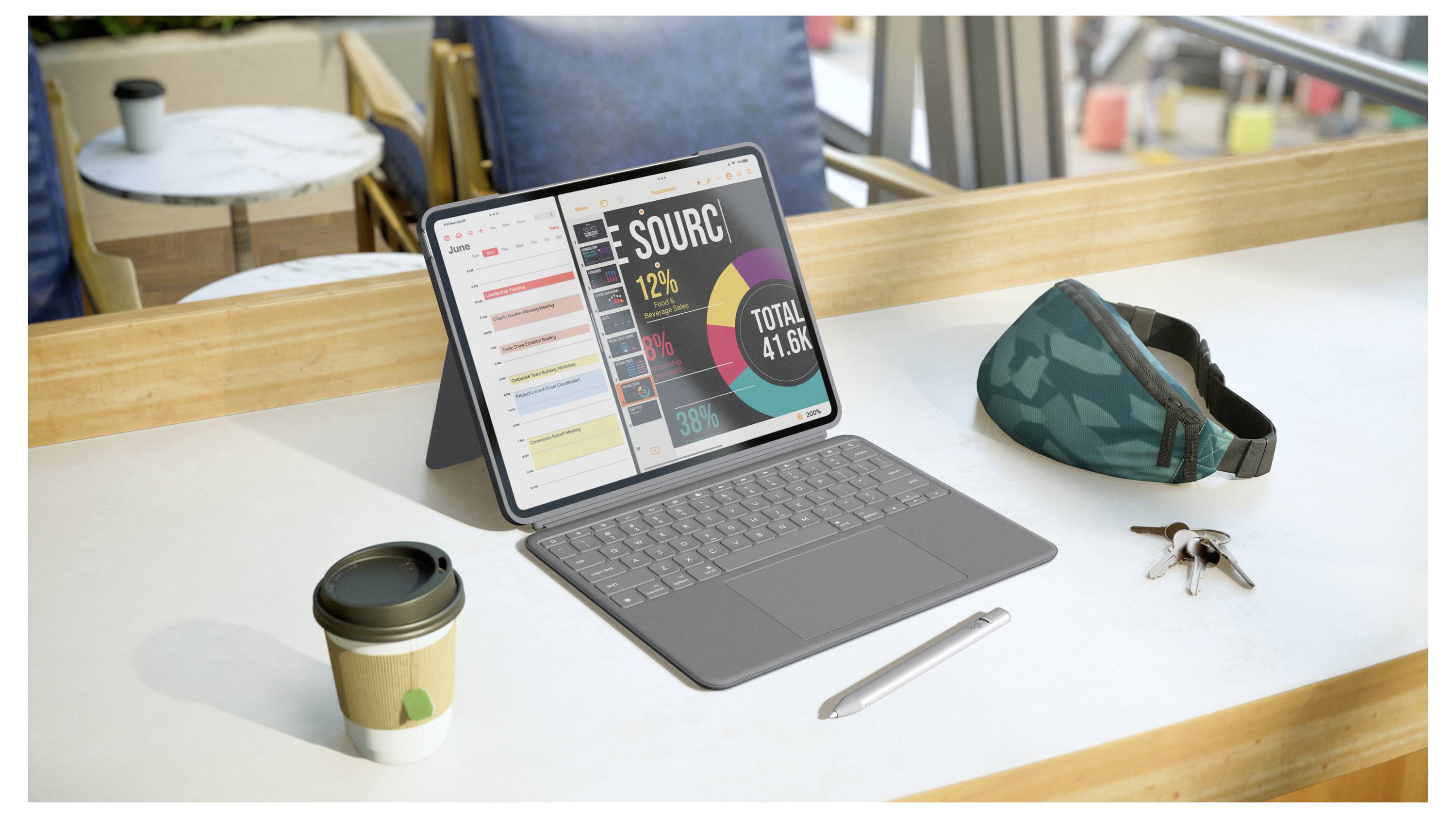Tablet auf einem Cafétisch mit einem Dashboard mit Diagrammen und 