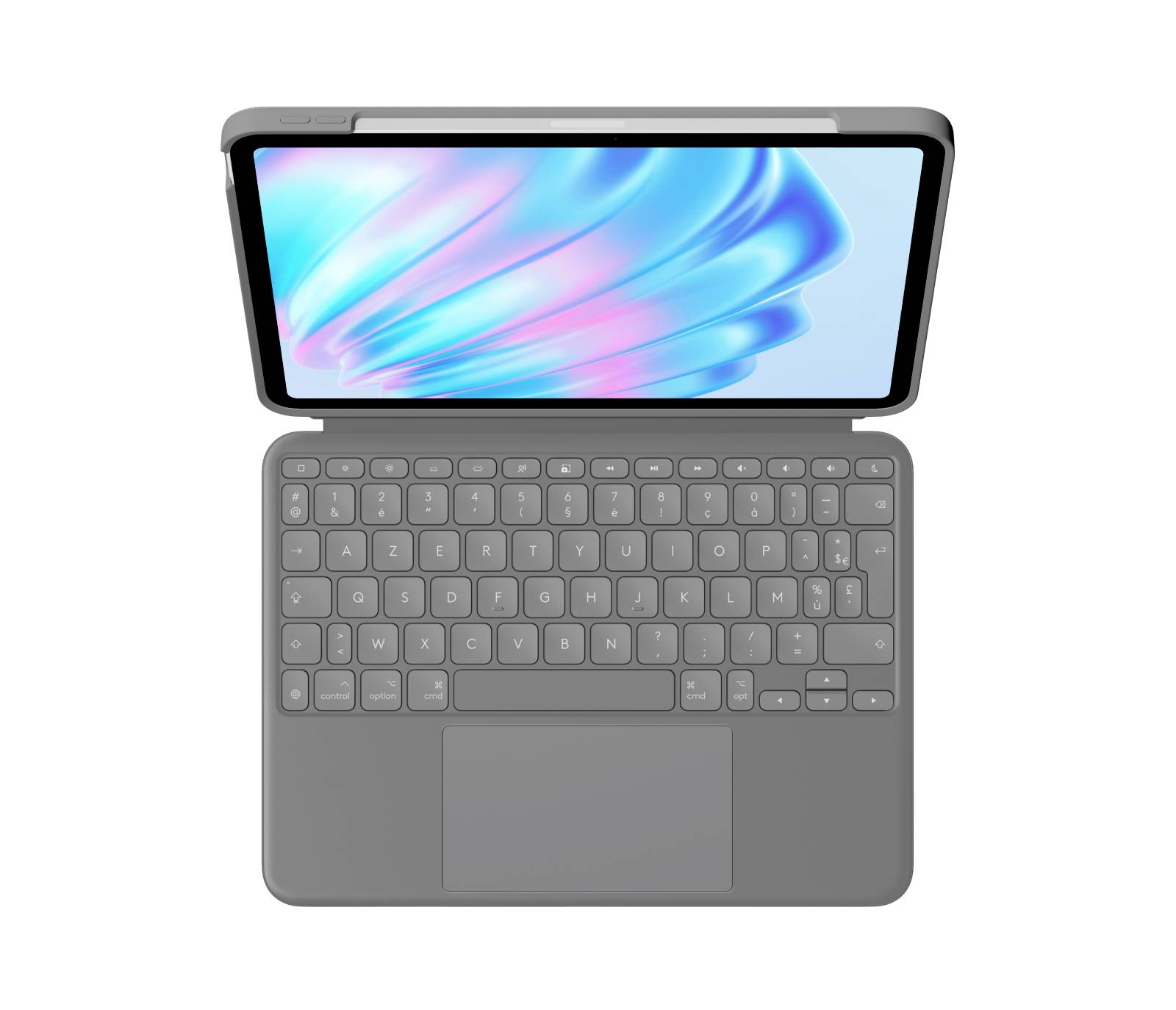 Geschlossenes Tablet mit angebrachter Tastaturhülle, von oben auf weißem Hintergrund gezeigt.