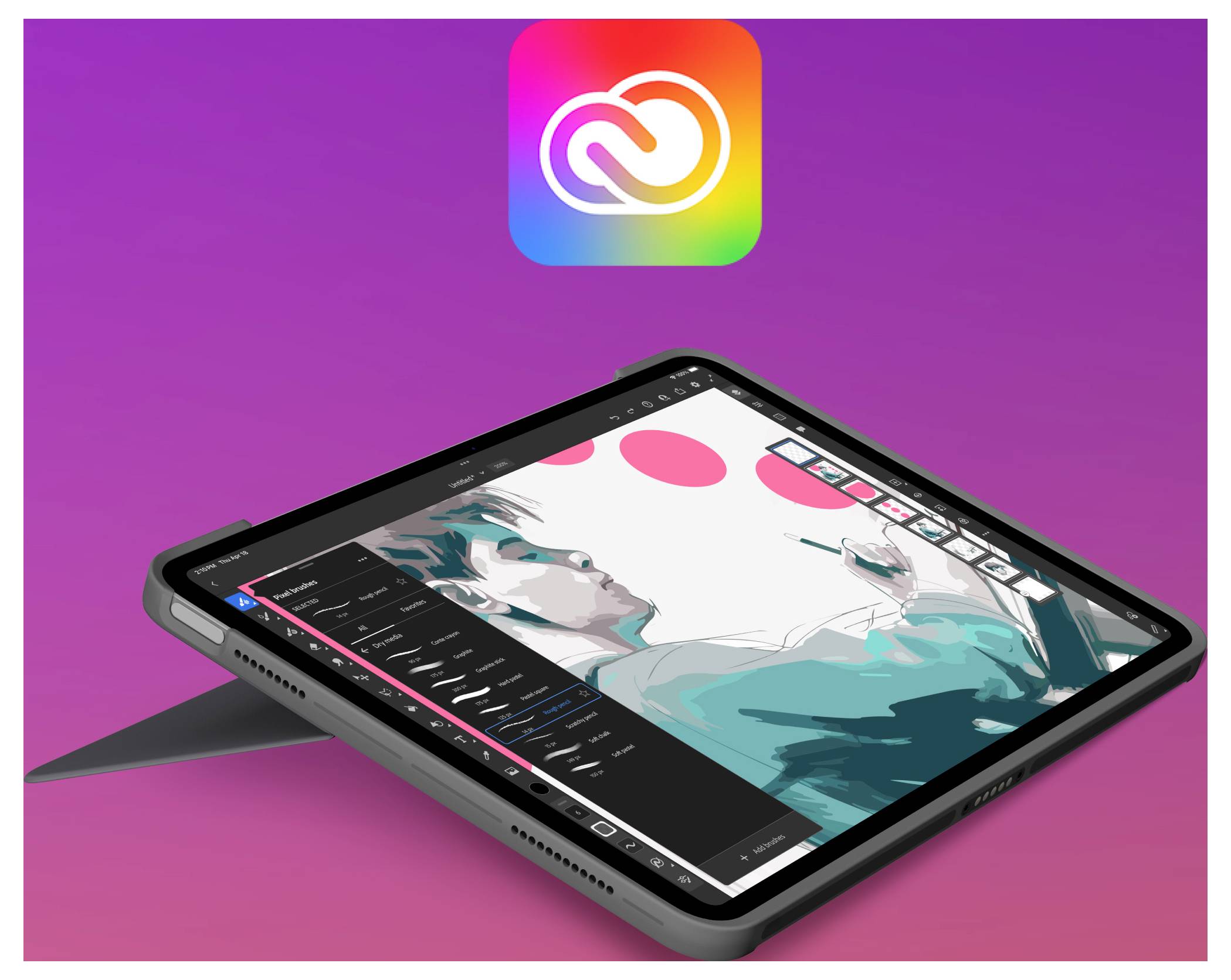 Tablet mit einer digitalen Zeichen-App, die ein stilisiertes Porträt anzeigt, darunter das Adobe Creative Cloud-Logo auf einem violetten Farbverlaufshintergrund.