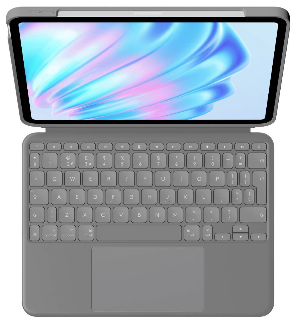 Geschlossenes graues Tablet mit angehängter Tastaturschutzhülle von oben fotografiert, wobei auf dem Bildschirm ein blau und rosa abstraktes Hintergrundbild angezeigt wird.