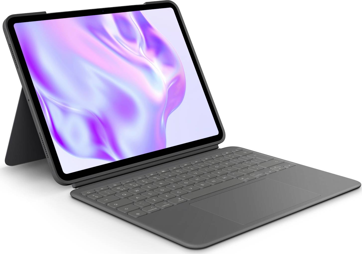 Tablet mit abnehmbarer Tastatur und Ständer, dargestellt im offenen Zustand im Laptop-Modus mit violetter abstrakter Bildschirmanzeige.