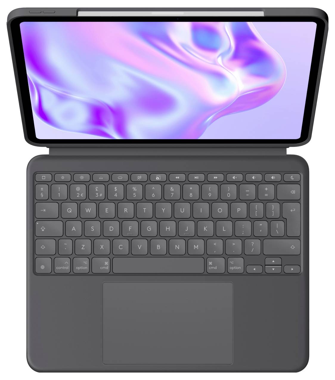 Tablet mit abnehmbarer Tastaturhülle, offen dargestellt, zeigt eine farbenfrohe abstrakte Tapete auf dem Bildschirm.