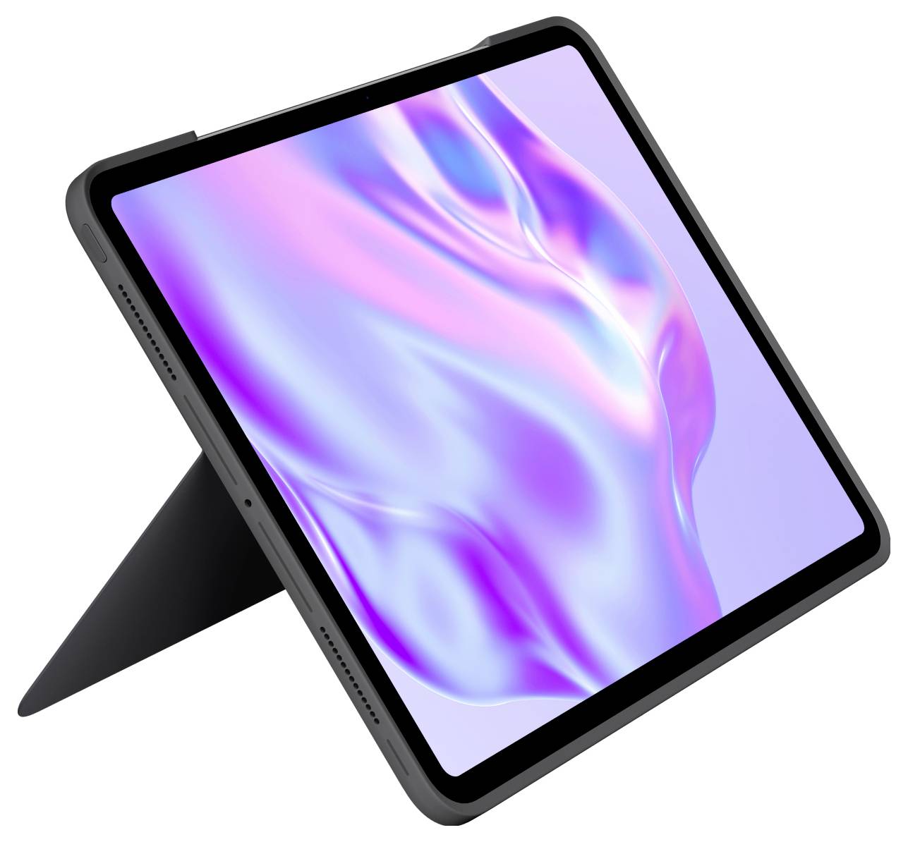 Geneigtes Tablet in einem schwarzen Folioständer, das einen lila und blauen abstrakten Bildschirm auf weißem Hintergrund zeigt.