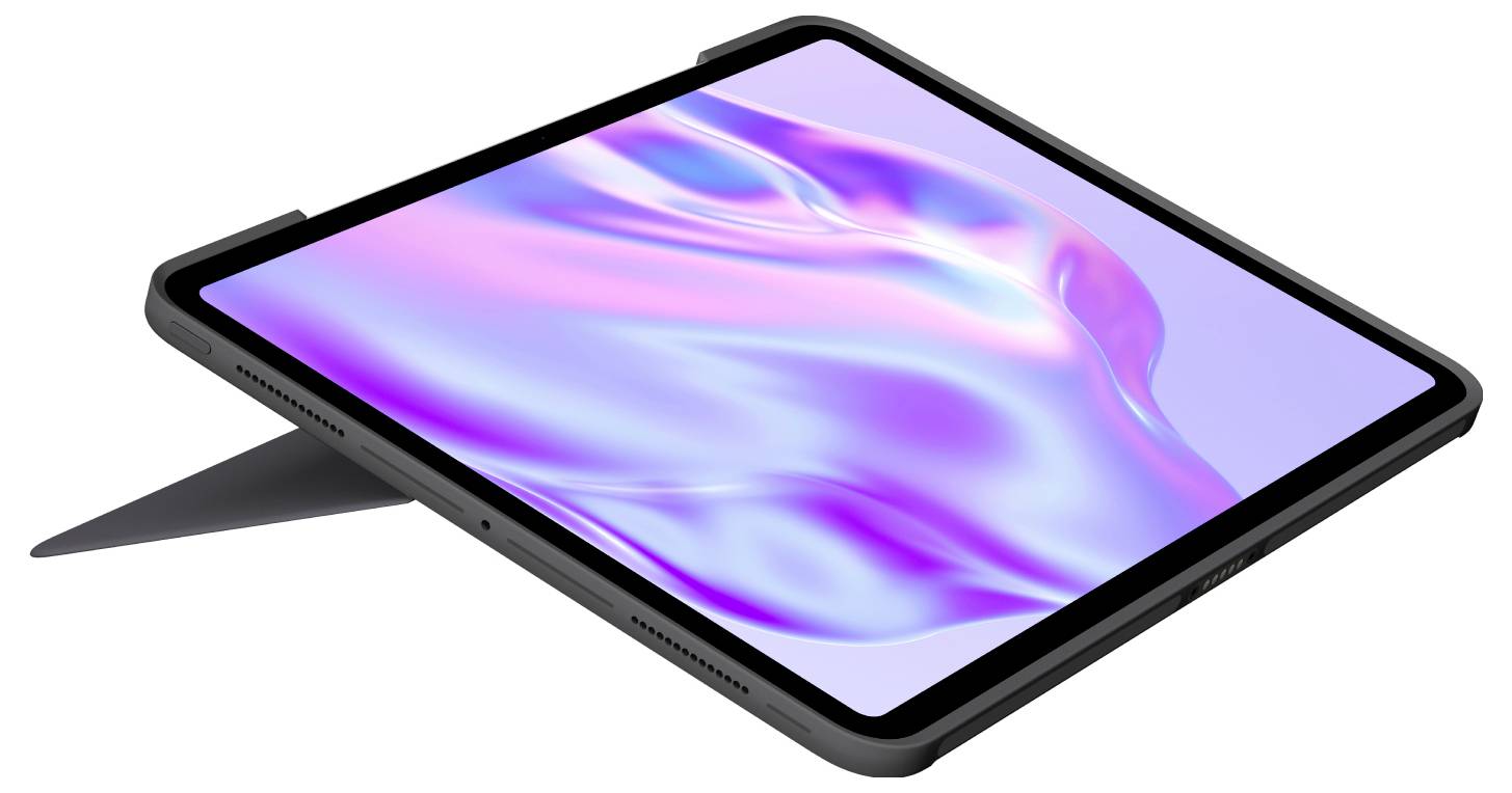 Tablet mit farbenfrohem abstraktem Bildschirm auf einem Ständer, in Winkelansicht auf weißem Hintergrund gezeigt.
