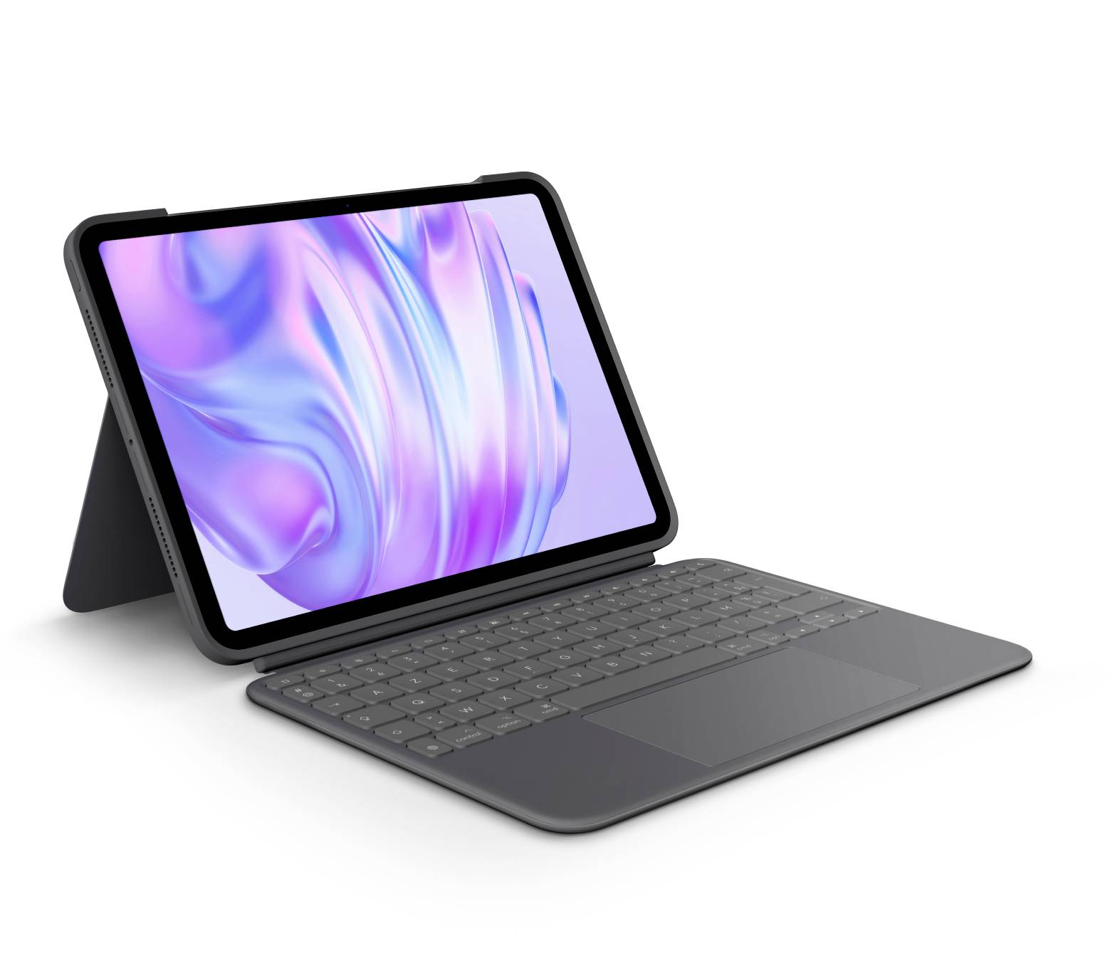 Tablet in einem Tastaturgehäuse mit Ständer, angewinkelt geöffnet auf weißem Hintergrund mit farbenfrohém abstraktem Bildschirm.