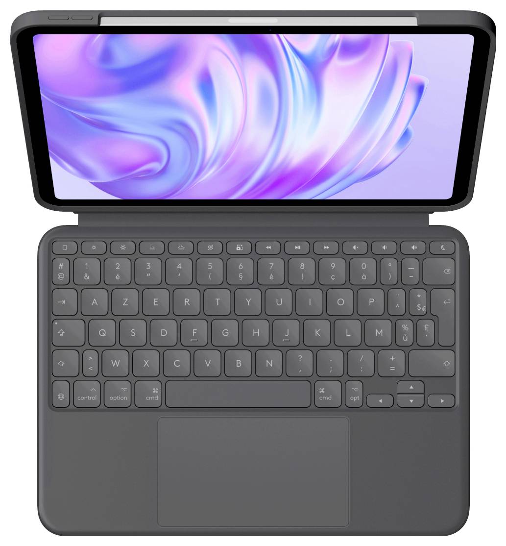 Dunkelgraue Tablet-Tastaturhülle mit integriertem Querformat-Bildschirm, gezeigt in offener Vorderansicht.