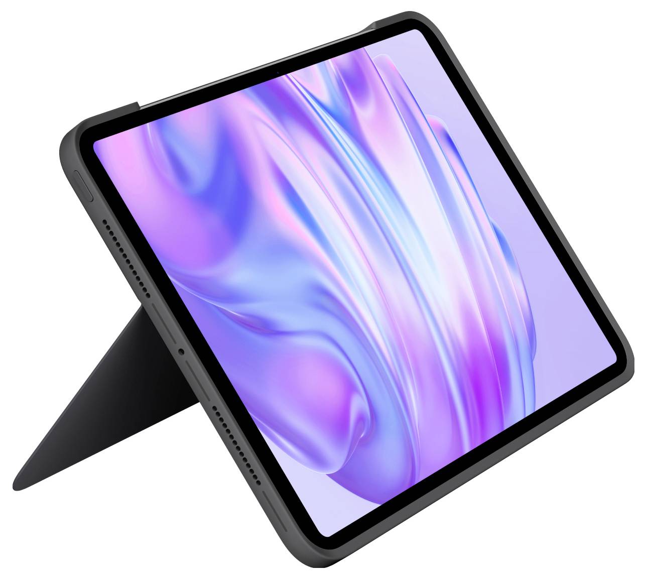 Tablet mit buntem abstraktem Bildschirm, das auf einem Ständer in diagonaler Hochformatausrichtung auf weißem Hintergrund aufgestellt ist.