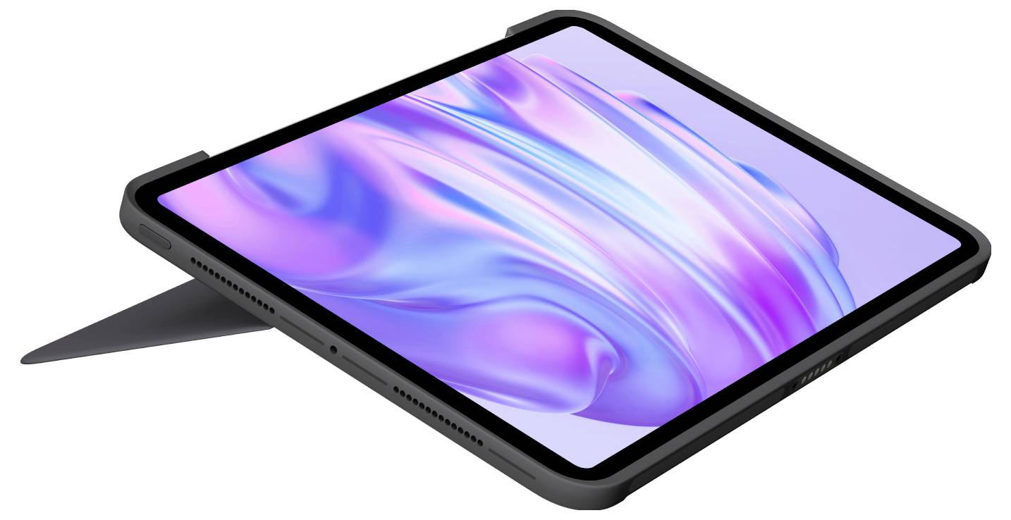 Schwarzes Tablet mit einem von der Seite herausragenden Stift, auf dem Bildschirm ist ein farbenfroher abstrakter Wirbel zu sehen.