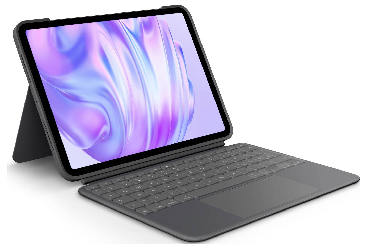 Tablet in einem Folio-Gehäuse mit angebrachter Tastatur, aufgeklappt im Querformat auf weißem Hintergrund.