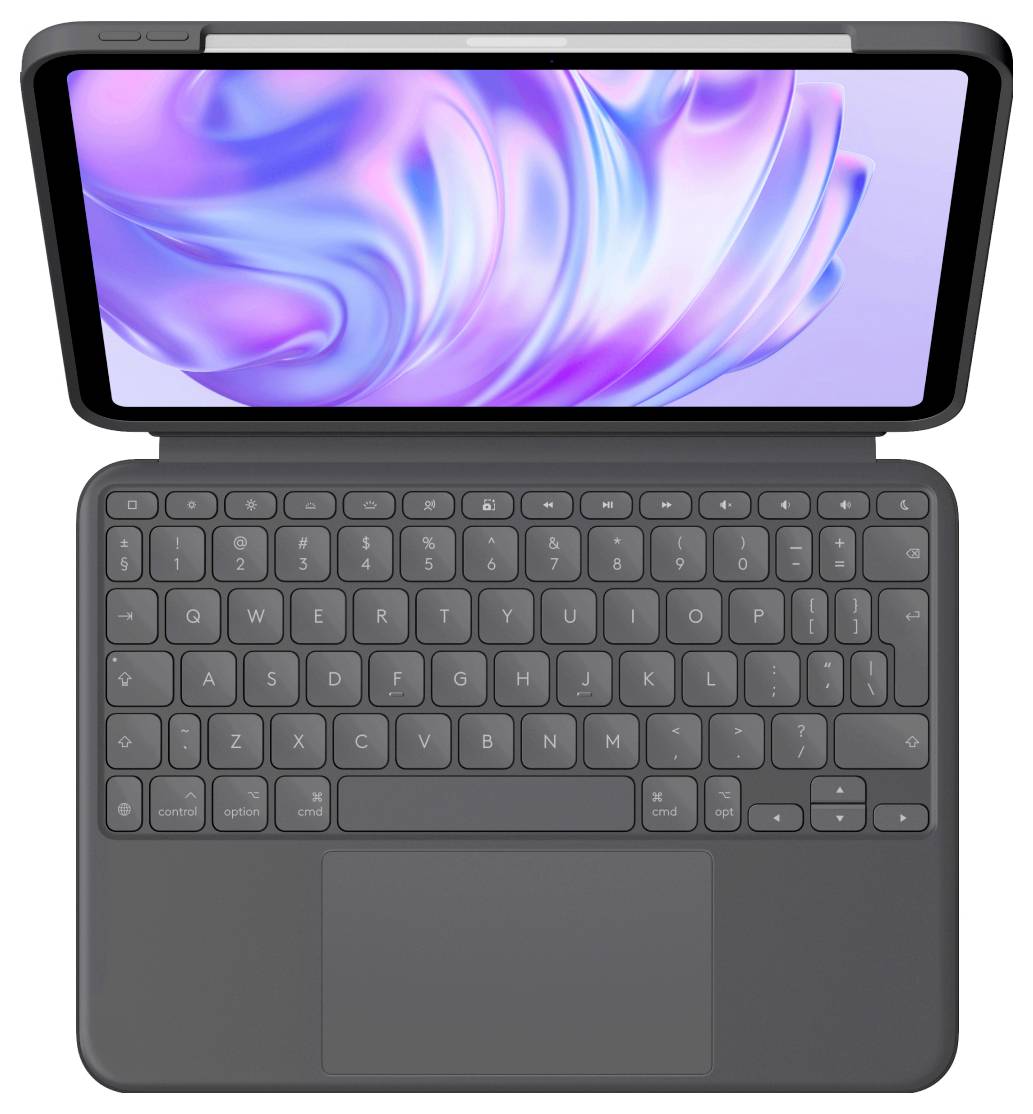 Tablet mit abnehmbarer Tastaturhülle, aufgeklappt mit Bildschirm, der einen abstrakten violetten Hintergrund anzeigt.