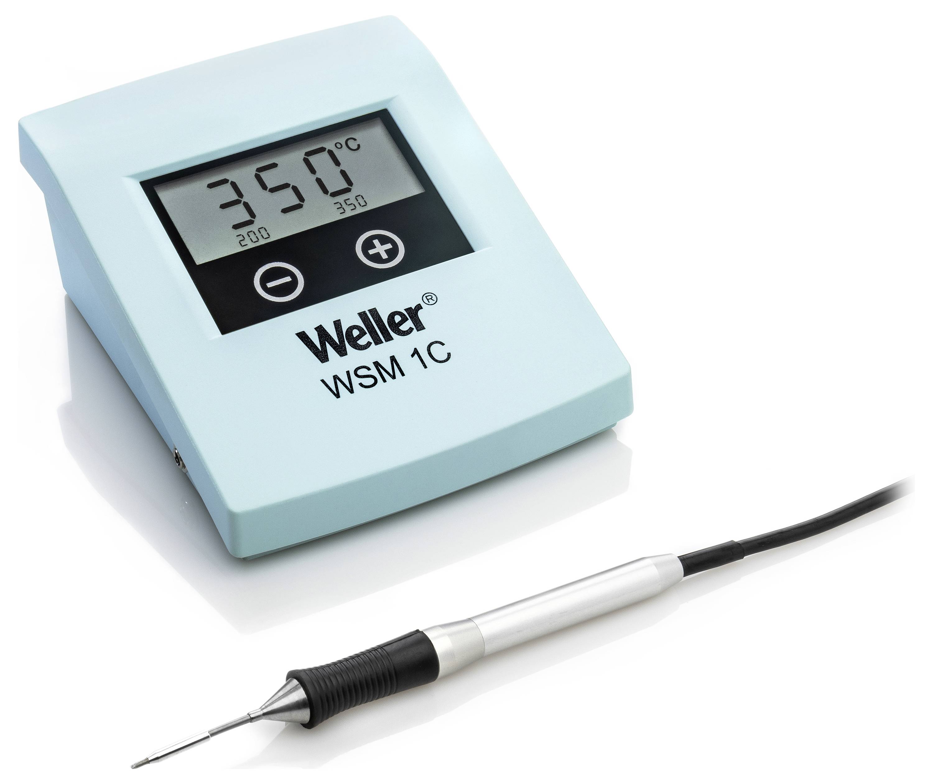 Weller WSM 1C Lötstation auf 350°C eingestellt, mit einem über Kabel verbundenen Lötkolben.
