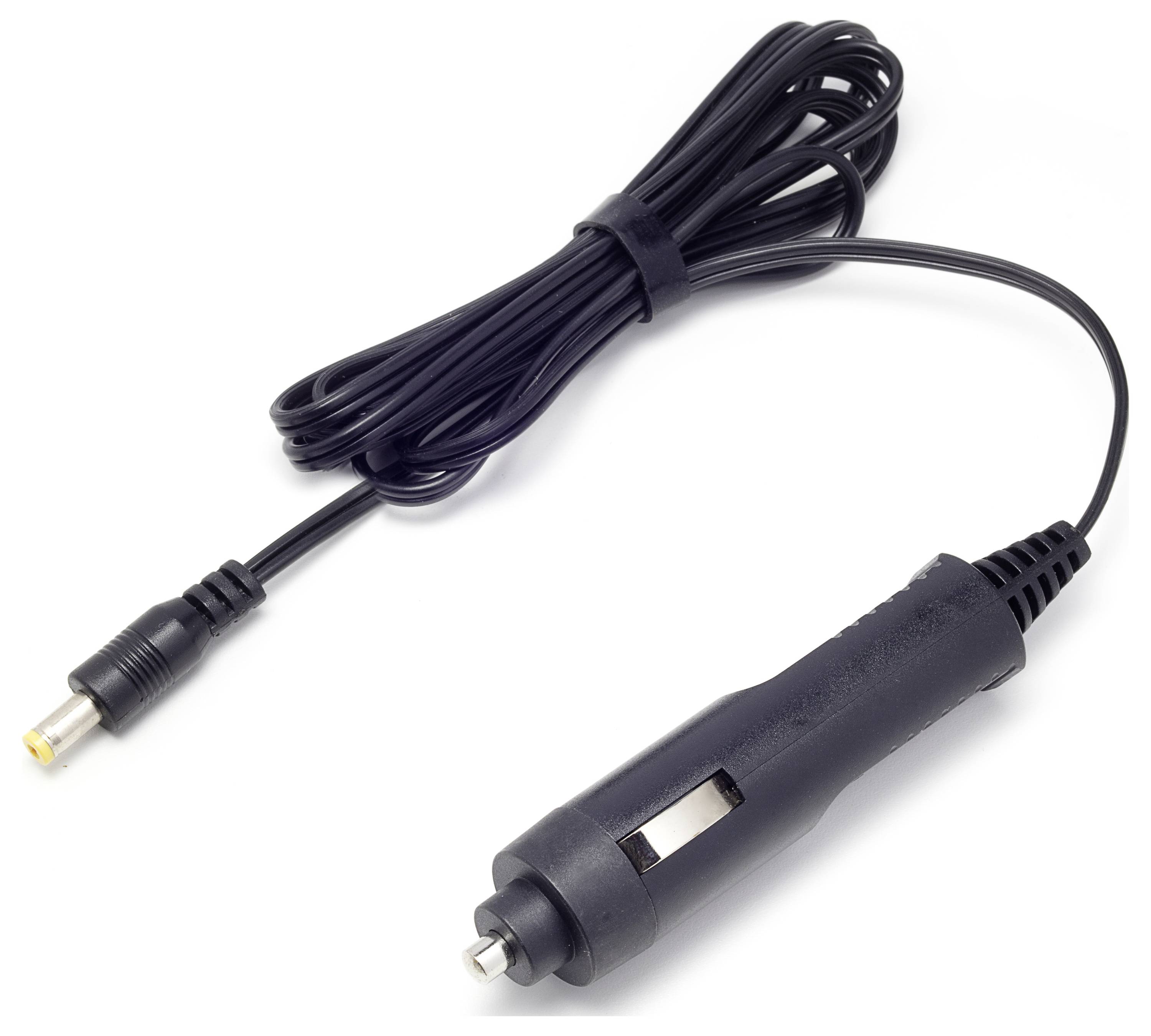 12V-Autoanzünderkabel mit einem Hohlstecker an einem Ende, aufgerollt auf weißem Hintergrund.