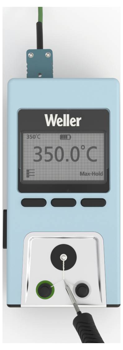 Tragbares Weller-Lötkolben-Stationsgerät mit Display, das 350,0°C anzeigt, mit Bedienknöpfen und angeschlossenem Lötkolben.