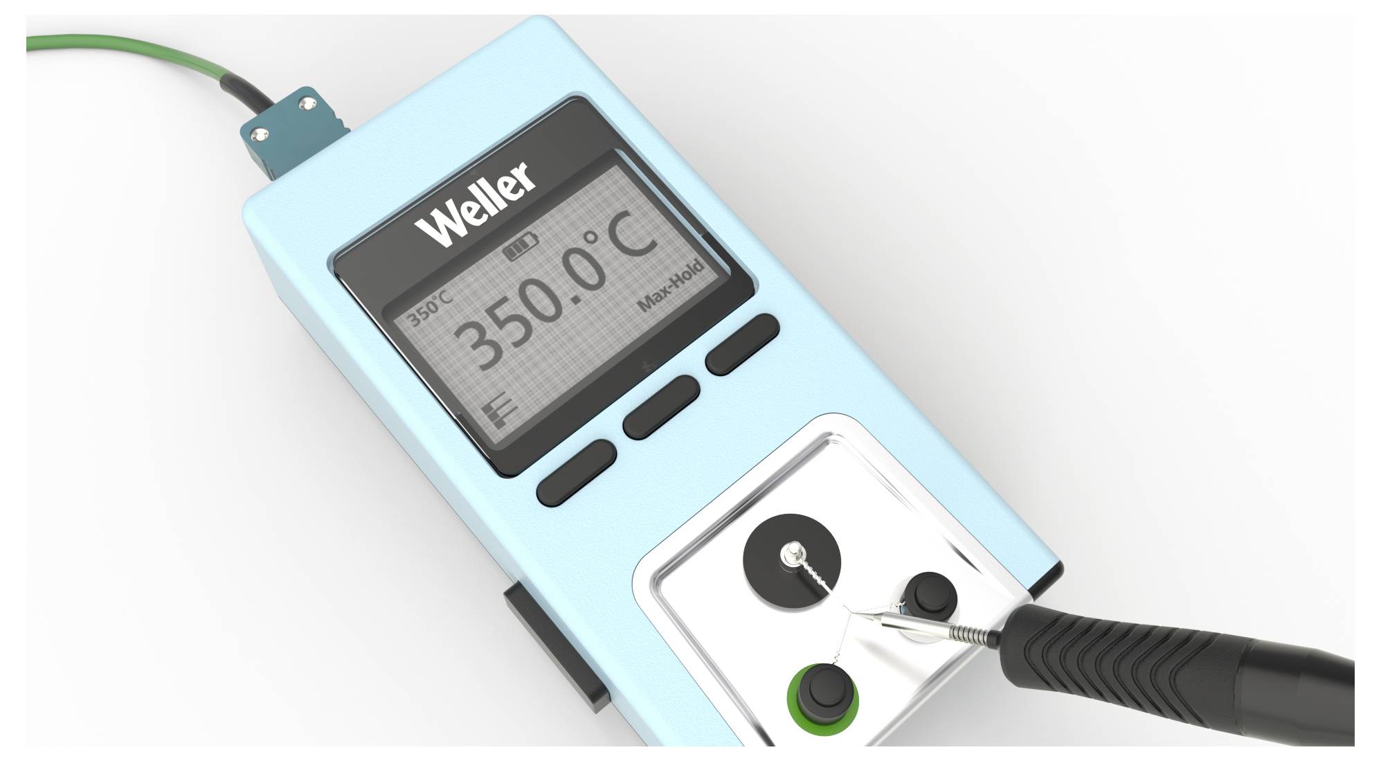 Weller-Lötstation-Display zeigt 350,0°C an, mit einem in der vorderen Halterung eingerastetem Lötkolben und sichtbarem angeschlossenem Kabel.