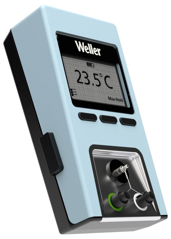 Tragbare digitale Lötstation von Weller mit Anzeige von 23,5°C und Bedienschiebern darunter.
